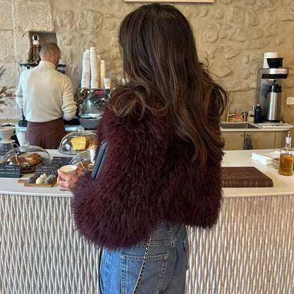 Wine Red Cropped Faux Fur Coat