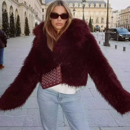 Wine Red Cropped Faux Fur Coat