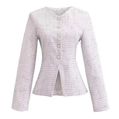 Spring V Collar White Plaid Woven Tweed Slim Waist Single-Breasted Button Slit Blazer