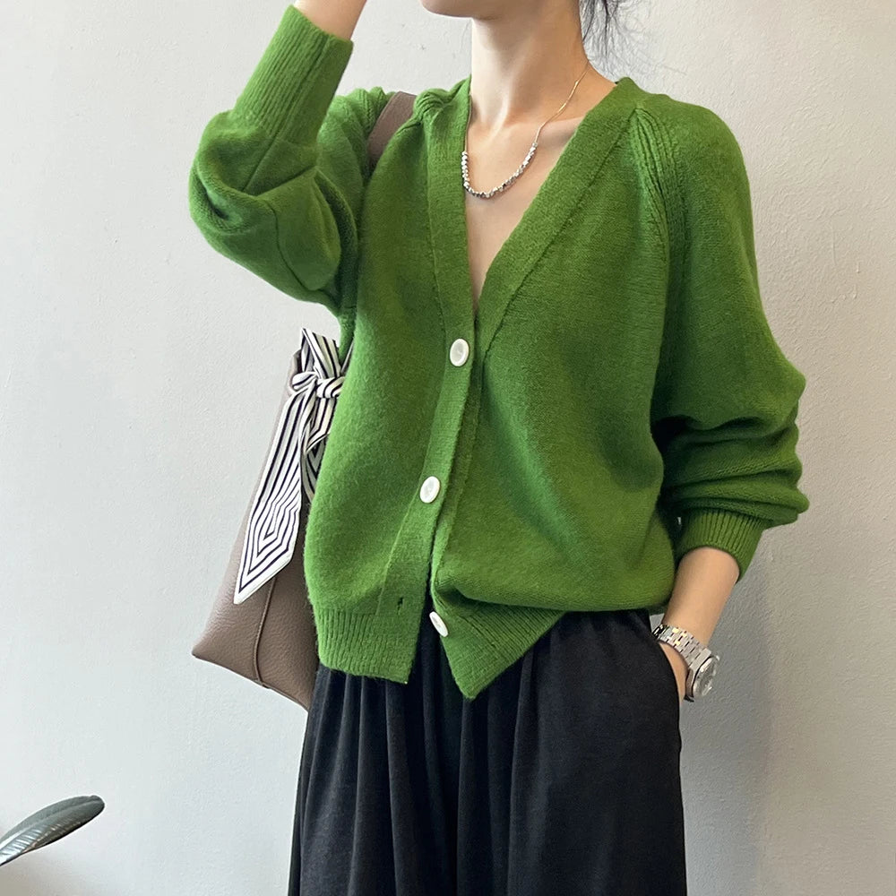 V-Neck Single Button Knitted Green Cape Clothes Autumn Women Christmas Sweater