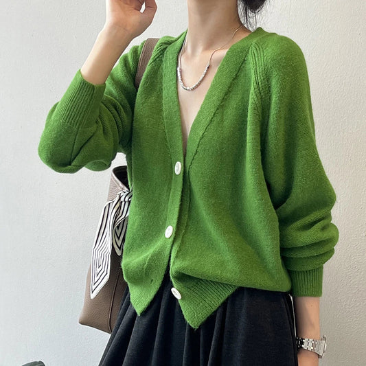 V-Neck Single Button Knitted Green Cape Clothes Autumn Women Christmas Sweater