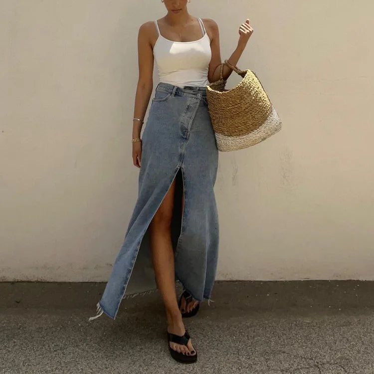 Autumn Winter Fashion High Waist Split Vintage Long Denim Wrapped Skirt