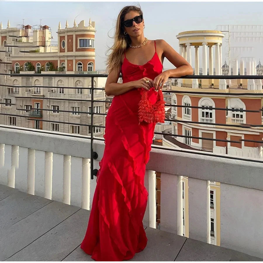 Ruffles Chiffon Maxi Dresses Backless Split Sexy Long Summer Wedding Christmas Party Dress