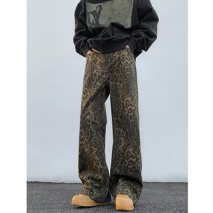 2024 Y2K Leopard Print Wide Leg Women High Waisted Fashion Streetwear Retro Denim Baggy Casual Straight Jean