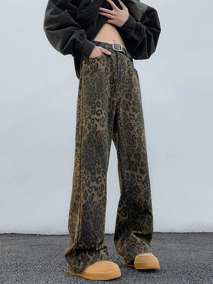 2024 Y2K Leopard Print Wide Leg Women High Waisted Fashion Streetwear Retro Denim Baggy Casual Straight Jean