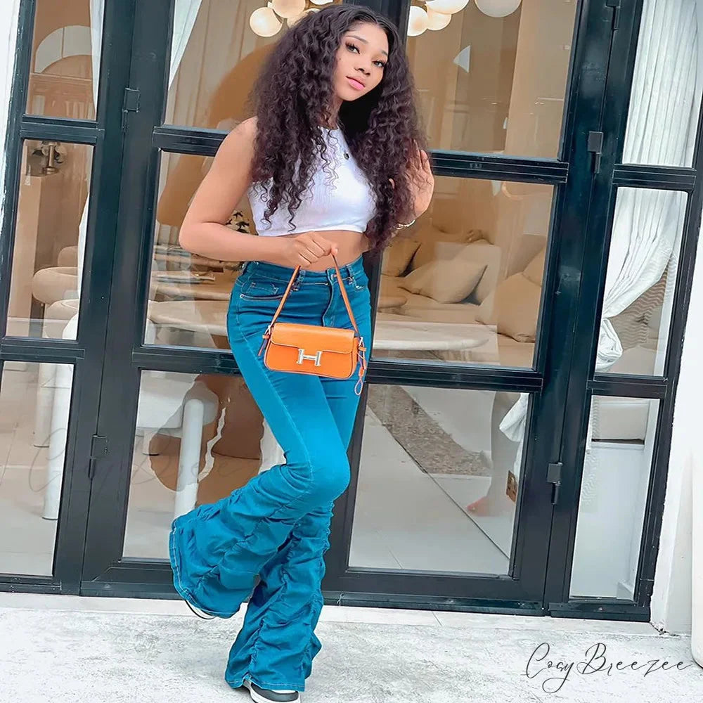 2024 Autumn Blue Fashion Ruched Elasticity Woman Casual High Waist Skinny Fit Flared Denim Jean