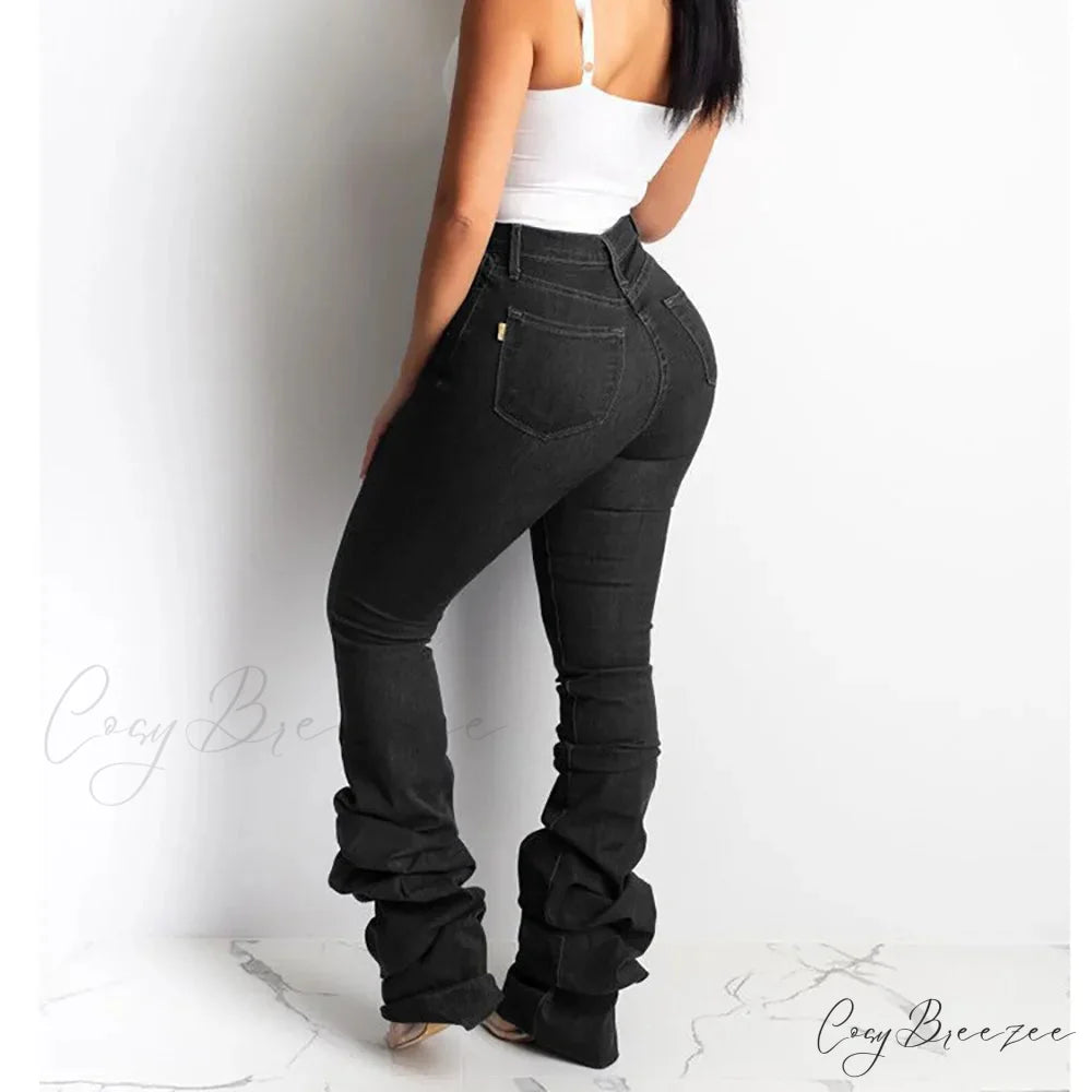 2024 Autumn Blue Fashion Ruched Elasticity Woman Casual High Waist Skinny Fit Flared Denim Jean