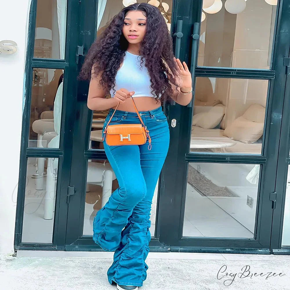 2024 Autumn Blue Fashion Ruched Elasticity Woman Casual High Waist Skinny Fit Flared Denim Jean