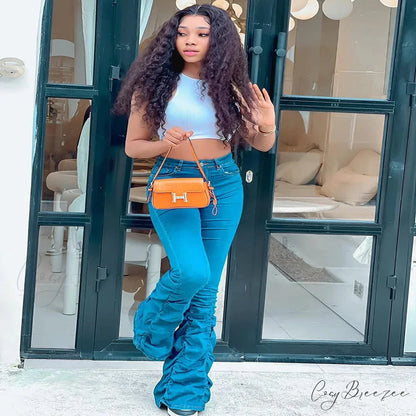 2024 Autumn Blue Fashion Ruched Elasticity Woman Casual High Waist Skinny Fit Flared Denim Jean