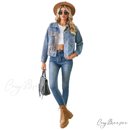 2024 Autumn Denim Stand Collar Patchwork Slim Fit High Waist Jacket