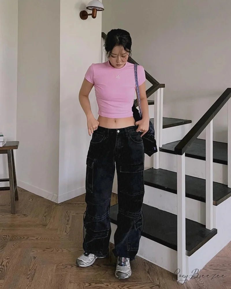 2024 Autumn New Fashionable Women’s Cargo European and American Style Retro Y2K Pocket Loose Overalls Jean Black / S