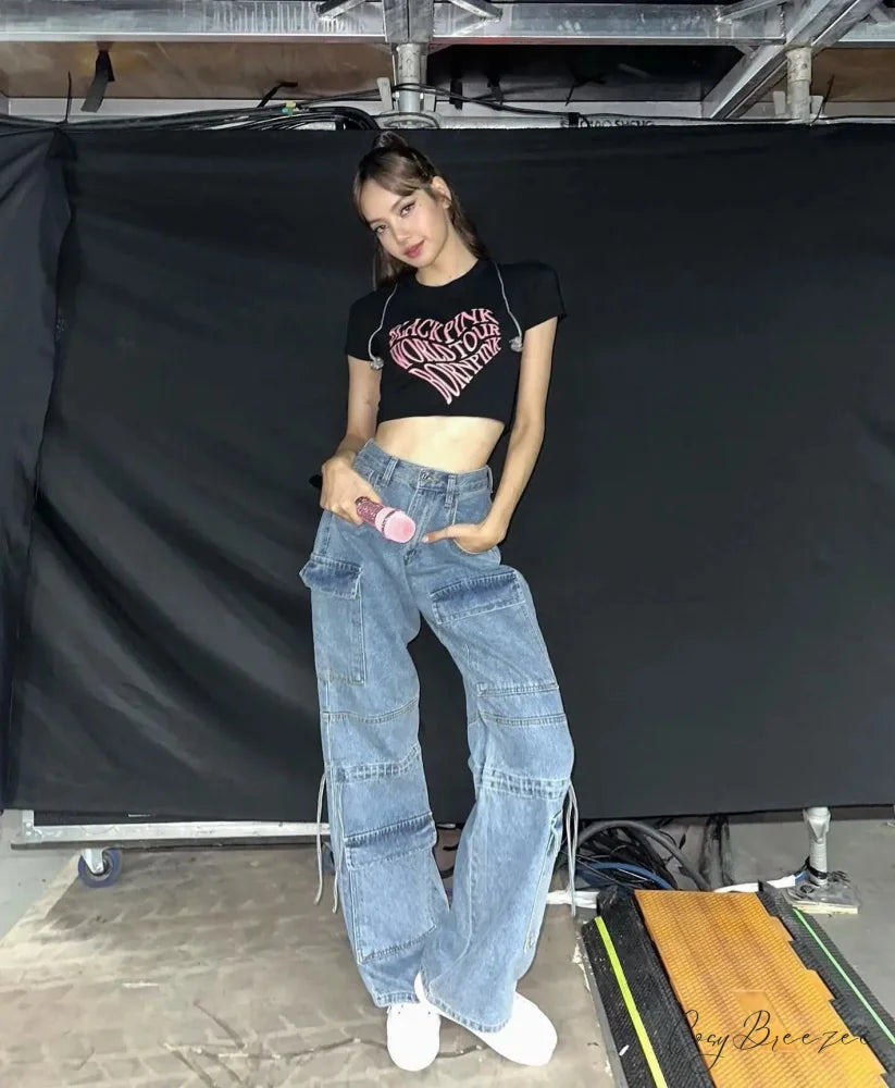 2024 Autumn New Fashionable Women’s Cargo European and American Style Retro Y2K Pocket Loose Overalls Jean Blue / S