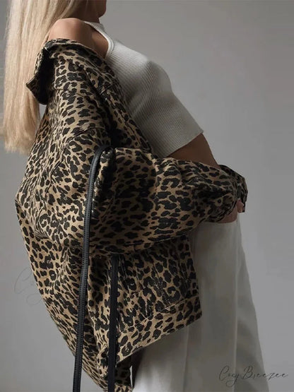 2024 Autumn Winter New Denim Long-sleeved Leopard Stitching Slim Fit Jacket