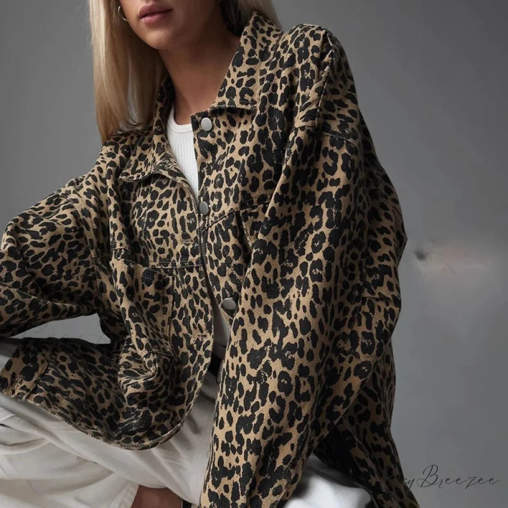 2024 Autumn Winter New Denim Long-sleeved Leopard Stitching Slim Fit Jacket Brown / S
