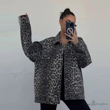 2024 Autumn Winter New Denim Long-sleeved Leopard Stitching Slim Fit Jacket Grey / S