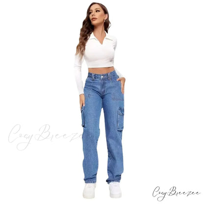 2024 Blue Autumn Cargo Women High Waist Button Pocket Denim Pants High Quality Female Cowboy Jeans Blue / S