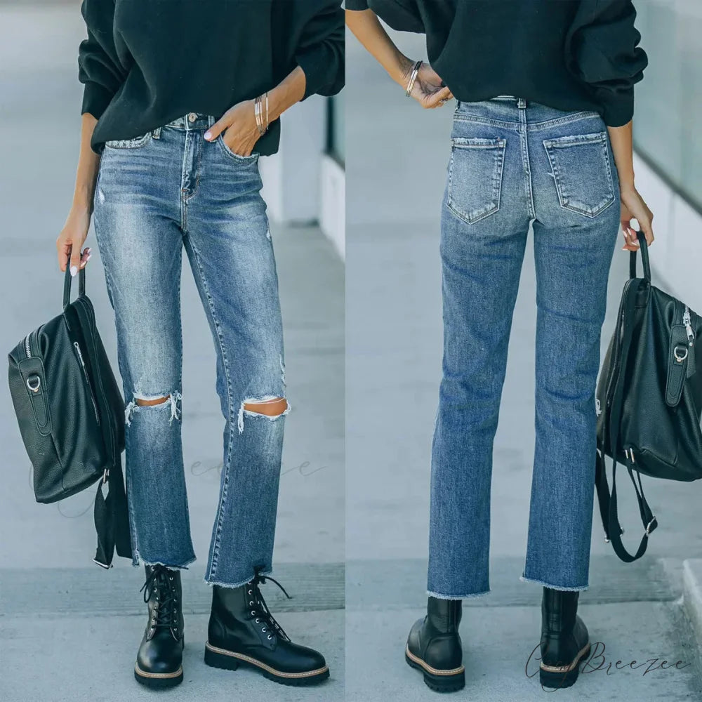 2024 Blue New Hole Straight Women’s All-Match High Waist Casual Ladies Washed Jean Blue / S