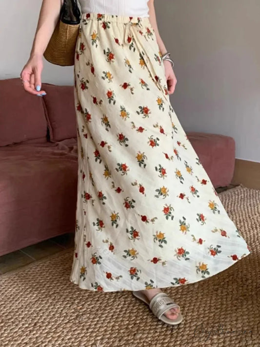 2024 Boho Maxi Skirt High Waist Floral Printed Hippie Rose Stylish Beige / M skirt-250126