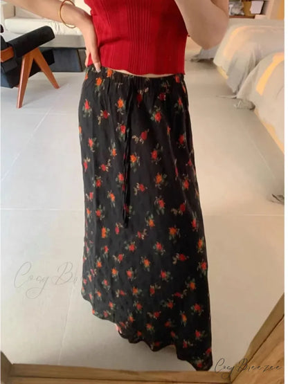 2024 Boho Maxi Skirt High Waist Floral Printed Hippie Rose Stylish Black / M skirt-250126
