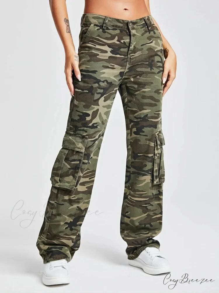 2024 Camouflage Women’s Cargo High Wist Vintage Baggy Denim Straight Casual Fashion Jean