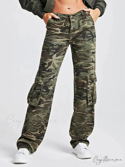 2024 Camouflage Women’s Cargo High Wist Vintage Baggy Denim Straight Casual Fashion Jean