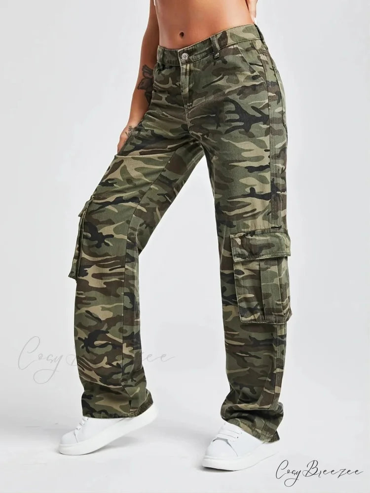 2024 Camouflage Women’s Cargo High Wist Vintage Baggy Denim Straight Casual Fashion Jean