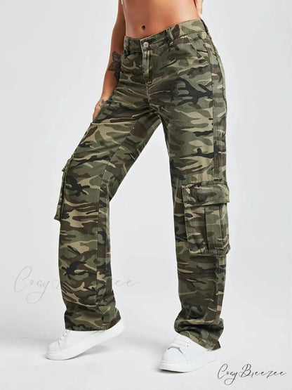 2024 Camouflage Women’s Cargo High Wist Vintage Baggy Denim Straight Casual Fashion Jean