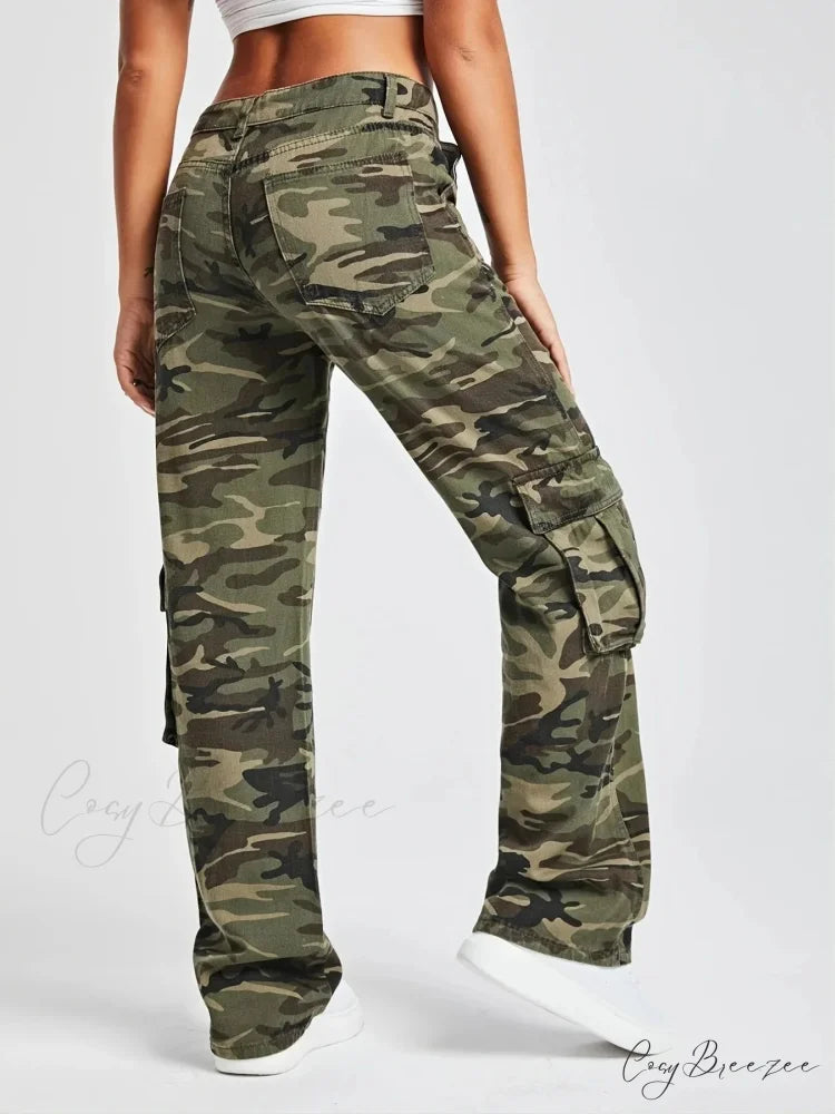 2024 Camouflage Women’s Cargo High Wist Vintage Baggy Denim Straight Casual Fashion Jean