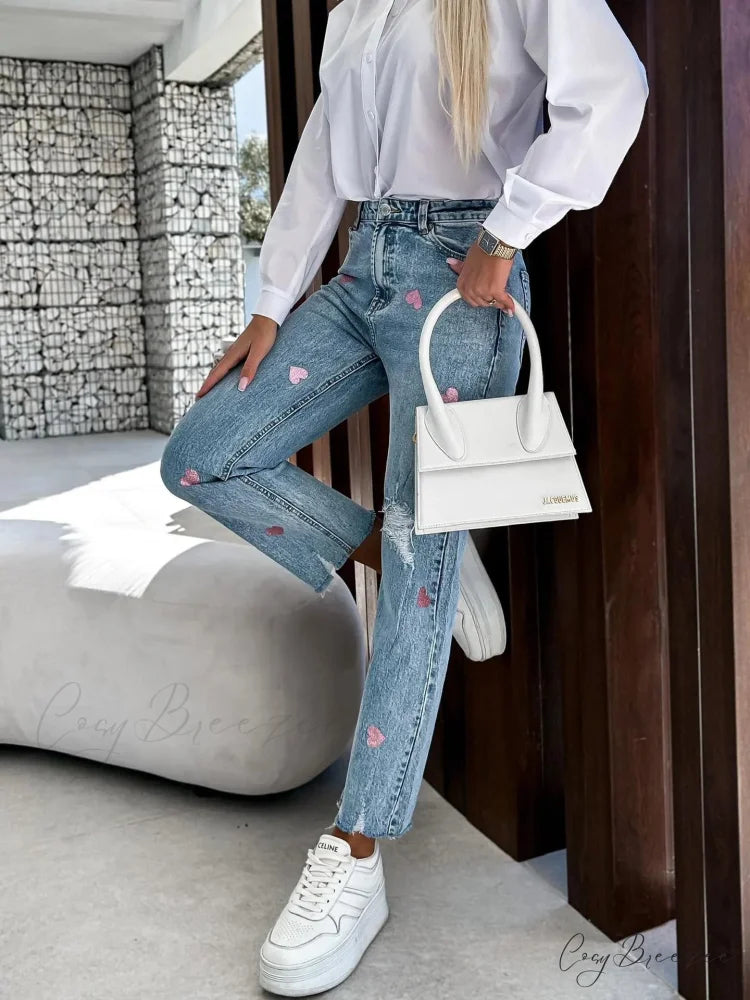 2024 Casual Star Printed Women High Waist Elegant Denim Fashion Ripped Hole Streetwear Jean