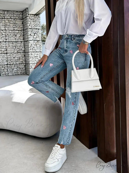 2024 Casual Star Printed Women High Waist Elegant Denim Fashion Ripped Hole Streetwear Jean