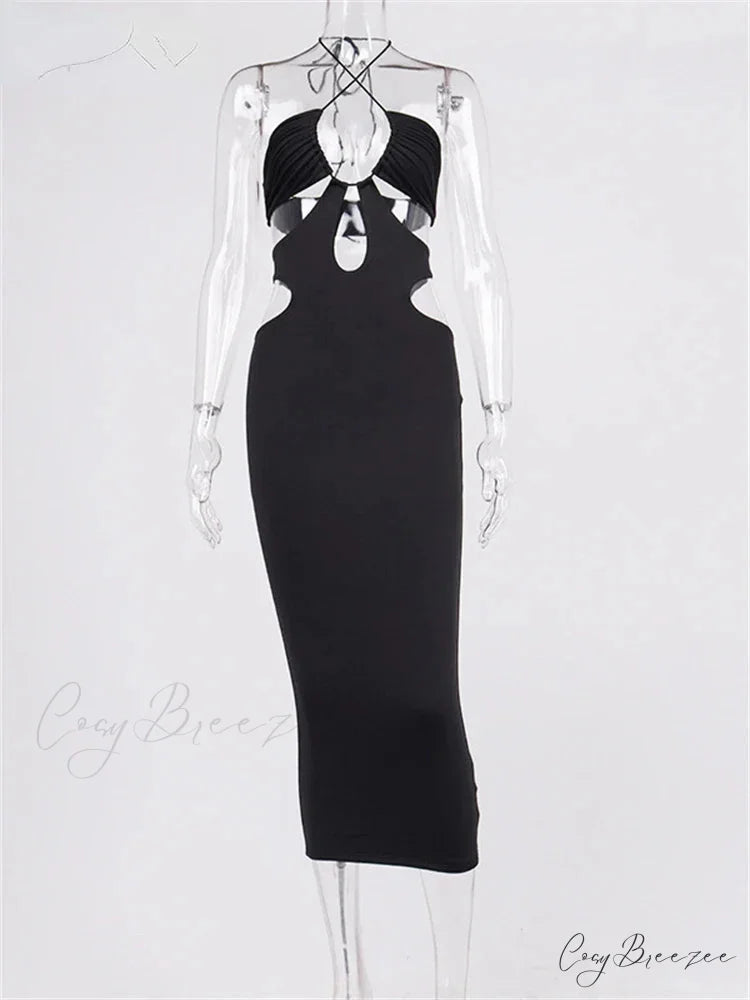 2024 Cut Out Party Evening Sexy Black Women’s 2024 Summer Hollow Out Halter Wrap Long Backless Midi Dress