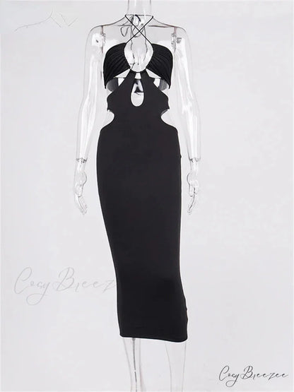 2024 Cut Out Party Evening Sexy Black Women’s 2024 Summer Hollow Out Halter Wrap Long Backless Midi Dress