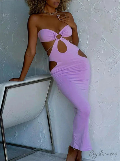 2024 Cut Out Party Evening Sexy Black Women’s 2024 Summer Hollow Out Halter Wrap Long Backless Midi Dress LightPurple
