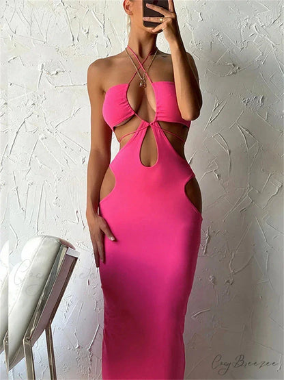 2024 Cut Out Party Evening Sexy Black Women’s 2024 Summer Hollow Out Halter Wrap Long Backless Midi Dress Rose Red / XS