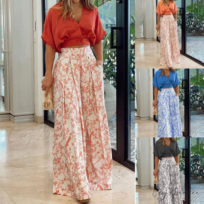 2024 Design Mid Warm-Season Autumn Wide Piece Suit Sets Arm Women’s Flowered Two Blouse Casual Leg Pant 2pcs Set