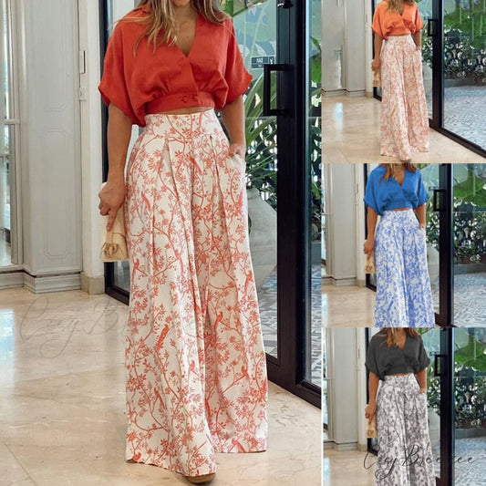 2024 Design Mid Warm-Season Autumn Wide Piece Suit Sets Arm Women’s Flowered Two Blouse Casual Leg Pant 2pcs Set
