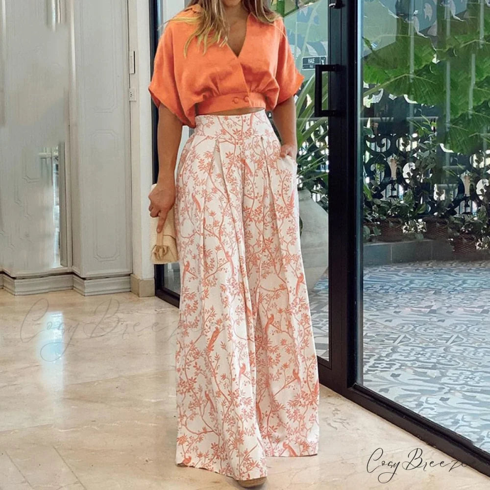2024 Design Mid Warm-Season Autumn Wide Piece Suit Sets Arm Women’s Flowered Two Blouse Casual Leg Pant 2pcs Set