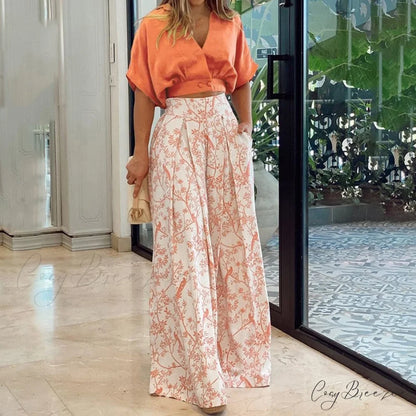 2024 Design Mid Warm-Season Autumn Wide Piece Suit Sets Arm Women’s Flowered Two Blouse Casual Leg Pant 2pcs Set