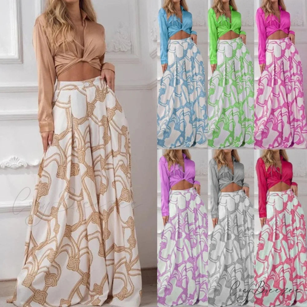 2024 Design Mid Warm-Season Autumn Wide Piece Suit Sets Arm Women’s Flowered Two Blouse Casual Leg Pant 2pcs Set
