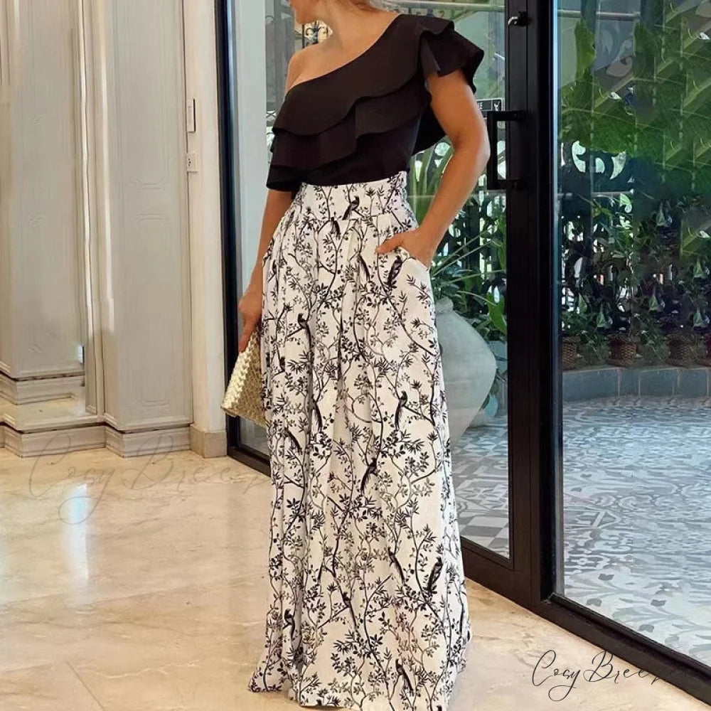 2024 Design Mid Warm-Season Autumn Wide Piece Suit Sets Arm Women’s Flowered Two Blouse Casual Leg Pant 2pcs Set black