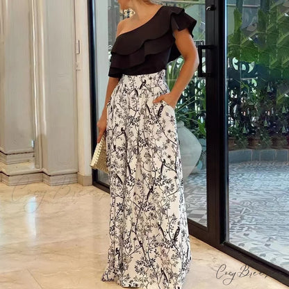 2024 Design Mid Warm-Season Autumn Wide Piece Suit Sets Arm Women’s Flowered Two Blouse Casual Leg Pant 2pcs Set black