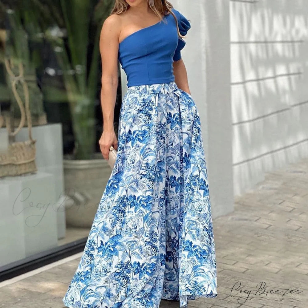 2024 Design Mid Warm-Season Autumn Wide Piece Suit Sets Arm Women’s Flowered Two Blouse Casual Leg Pant 2pcs Set Blue 2
