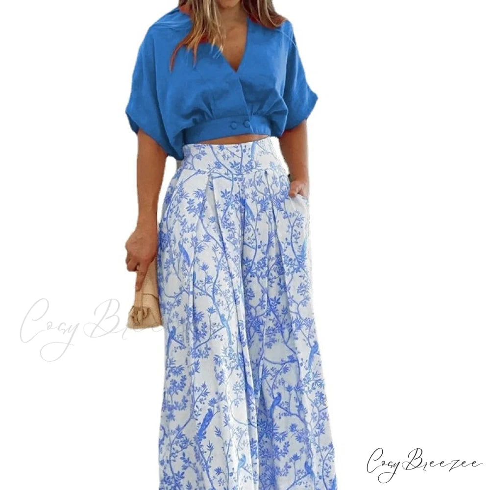 2024 Design Mid Warm-Season Autumn Wide Piece Suit Sets Arm Women’s Flowered Two Blouse Casual Leg Pant 2pcs Set Blue