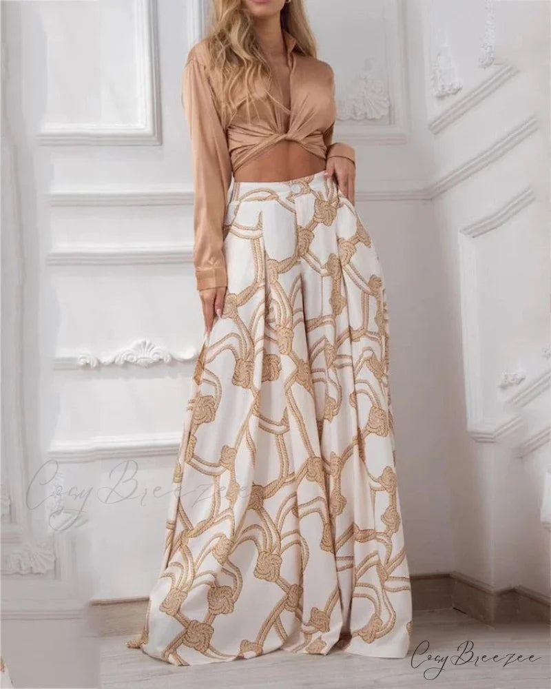 2024 Design Mid Warm-Season Autumn Wide Piece Suit Sets Arm Women’s Flowered Two Blouse Casual Leg Pant 2pcs Set Gold