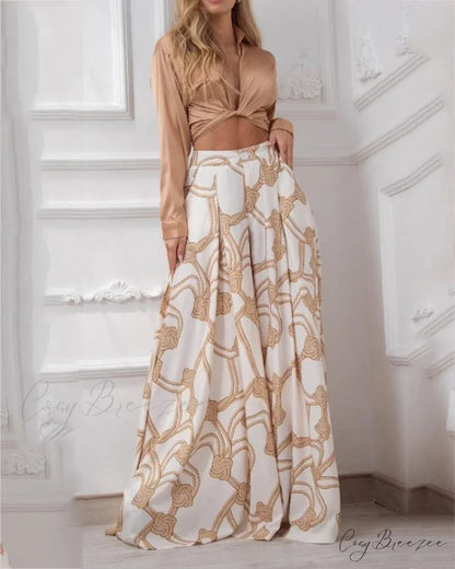 2024 Design Mid Warm-Season Autumn Wide Piece Suit Sets Arm Women’s Flowered Two Blouse Casual Leg Pant 2pcs Set Gold