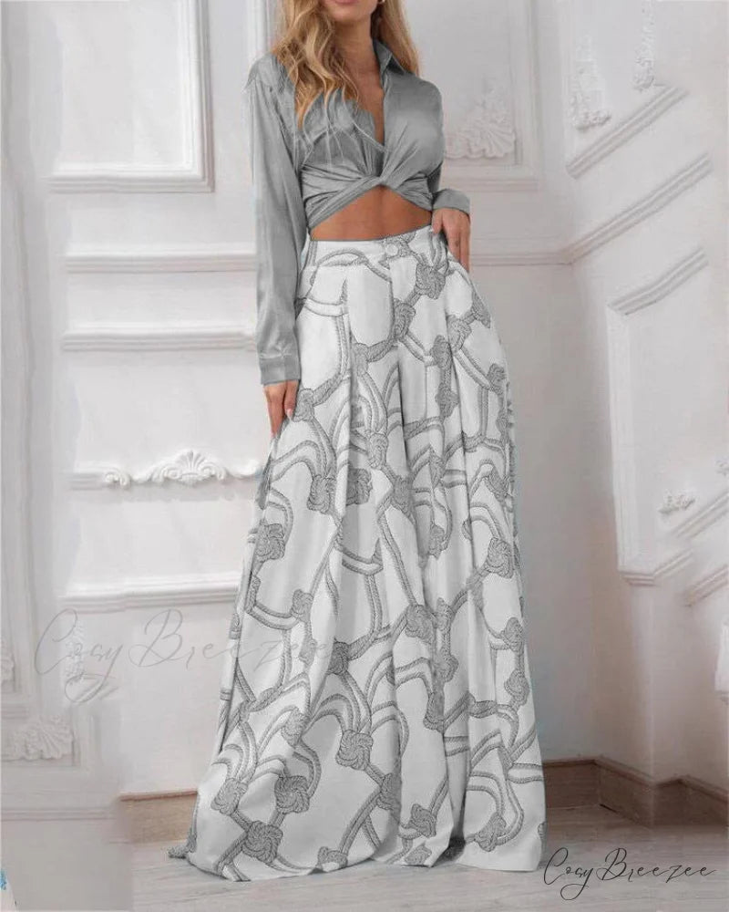2024 Design Mid Warm-Season Autumn Wide Piece Suit Sets Arm Women’s Flowered Two Blouse Casual Leg Pant 2pcs Set Gray