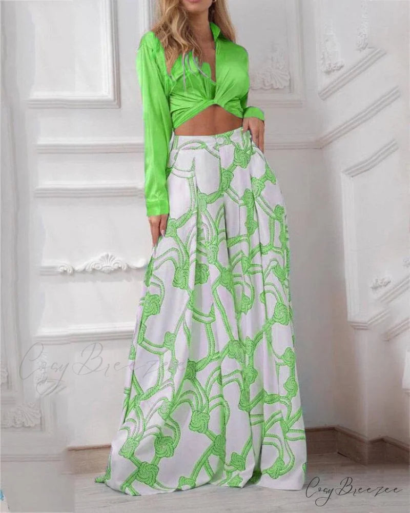 2024 Design Mid Warm-Season Autumn Wide Piece Suit Sets Arm Women’s Flowered Two Blouse Casual Leg Pant 2pcs Set Green