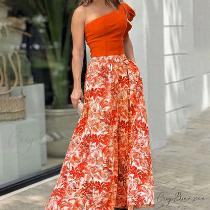 2024 Design Mid Warm-Season Autumn Wide Piece Suit Sets Arm Women’s Flowered Two Blouse Casual Leg Pant 2pcs Set Orange