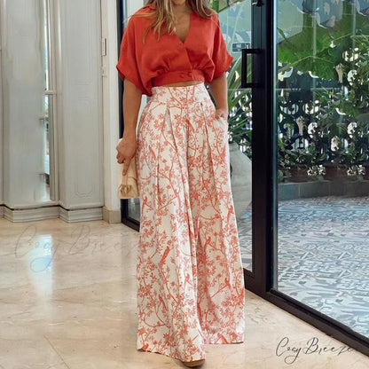 2024 Design Mid Warm-Season Autumn Wide Piece Suit Sets Arm Women’s Flowered Two Blouse Casual Leg Pant 2pcs Set Red / S