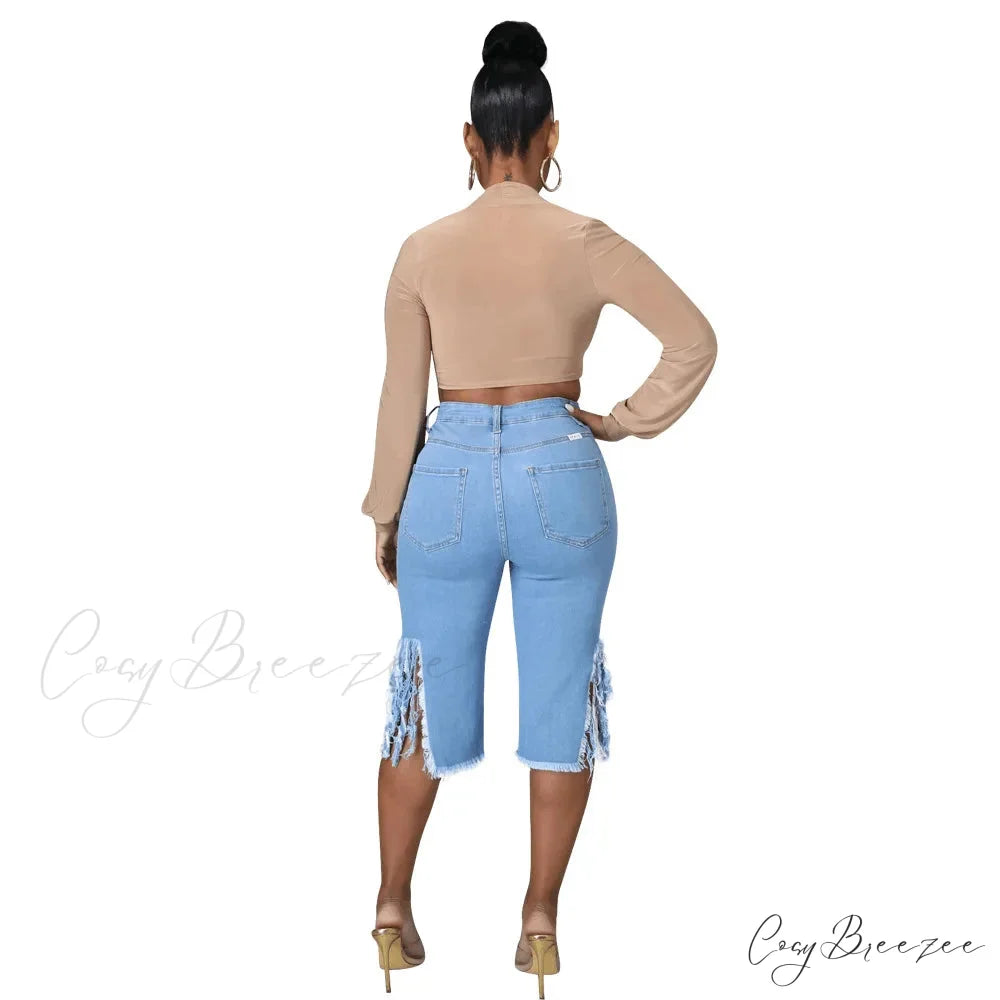 2024 Elastic Tassle Flare Knee Length Denim Pants Women Sexy Fashion High Waist Hole Ripped High Street Trousers Jean